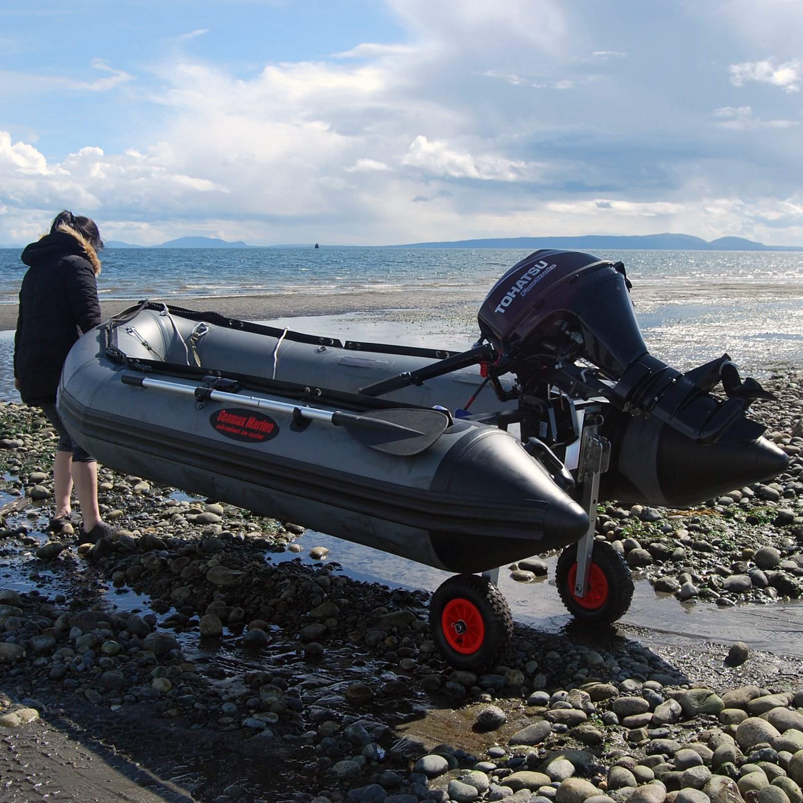 Seamax Deluxe 4 by 4 Boat Launching Dolly with 14" Wheels System, Commercial Grade Quality for Inflatable Boat and Aluminum Boat Max Loading 600Lb