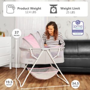 Karley Baby Bassinet in Grey and Pink, Lightweight Portable, Quick Fold and Easy to Carry , Adjustable Double Canopy, Indoor and Outdoor with Large Storage Basket.