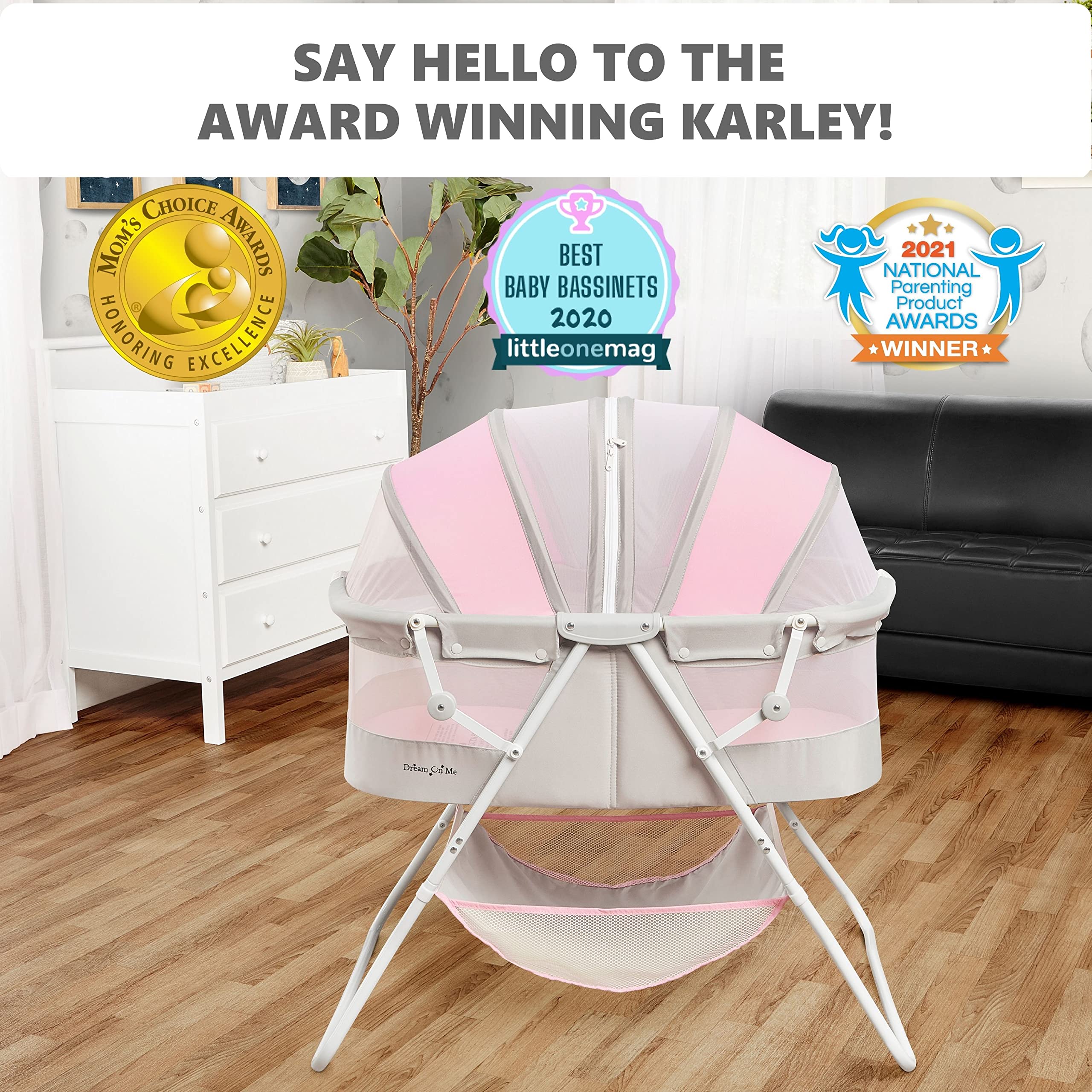 Karley Baby Bassinet in Grey and Pink, Lightweight Portable, Quick Fold and Easy to Carry , Adjustable Double Canopy, Indoor and Outdoor with Large Storage Basket.