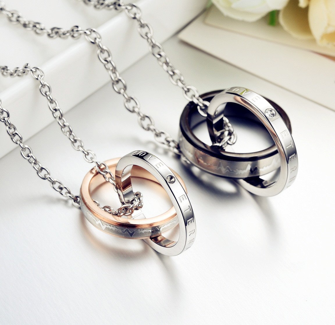 His & Hers Matching Set Titanium Stainless Steel Couple “Heart Beat Chart” Pendant Necklace in a Gift Box