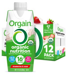 orgain organic nutritional protein shake, strawberries & cream - 16g grass fed whey protein, meal replacement, 20 vitamins & minerals, fruits & vegetables, gluten free, non-gmo, 11 fl oz (12 pack)