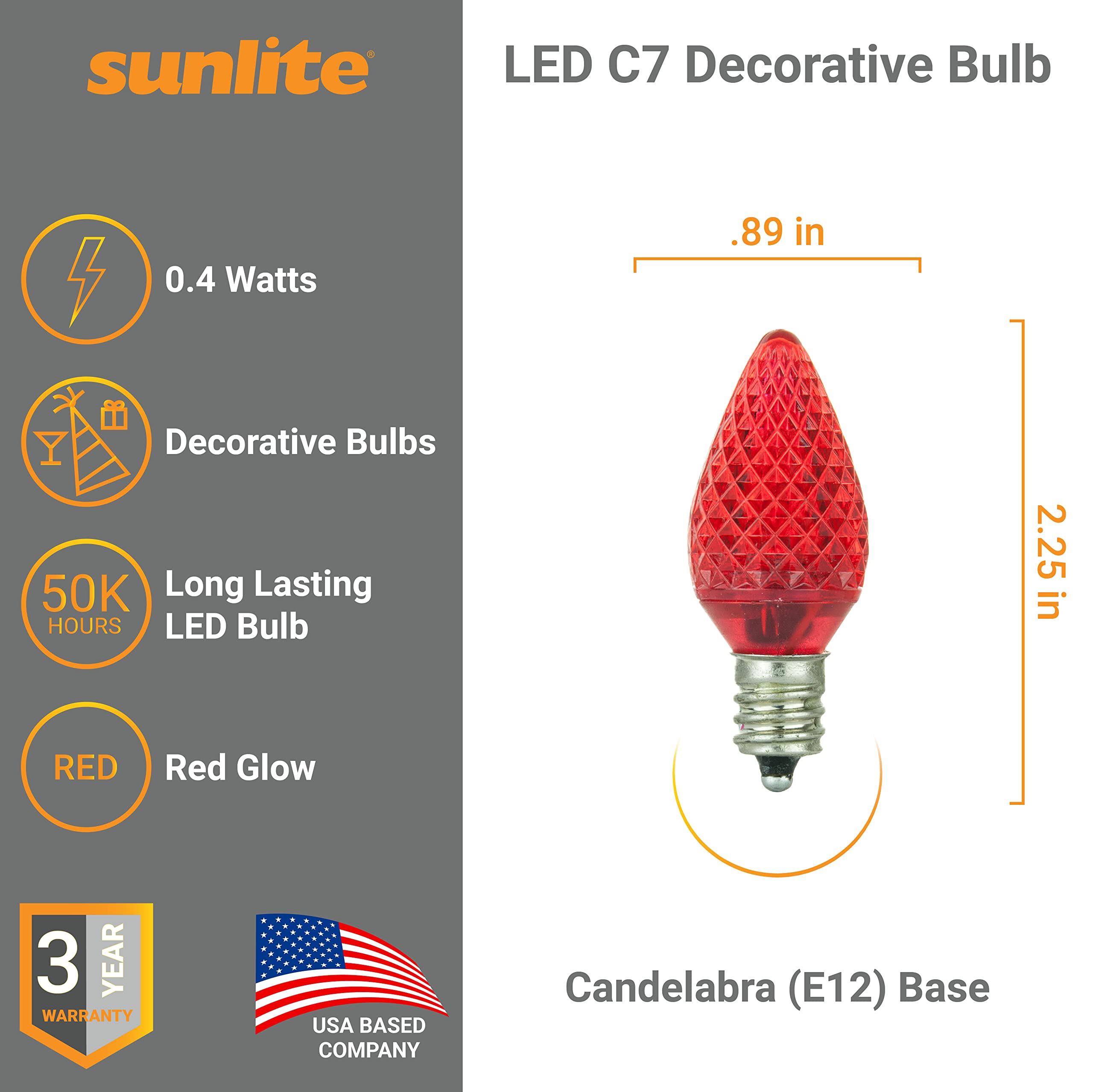 Sunlite 80702 LED C7 Holiday Decorative Light Bulb, 0.4 Watts, E12 Candelabra Base, Faceted Christmas-Lights; Nightlight, Red 6 Count