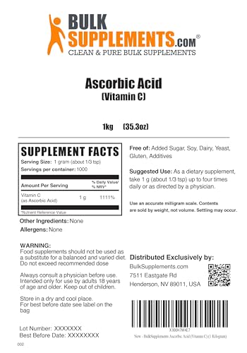 BulkSupplements.com Ascorbic Acid Powder - Vitamin C Supplement, Ascorbic Acid Food Grade - Powdered Vitamin C, Immune Support - Gluten Free, 1g per Serving, 1kg (2.2 lbs) (Pack of 1)