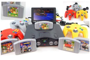 n64 system with controller, hookups, and super mario 64