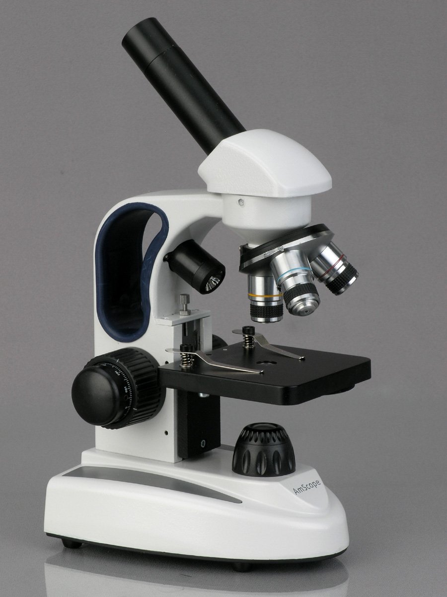 AmScope M158C-2L-PB10-WM Cordless Compound Monocular Microscope, WF10x and WF25x Eyepieces, 40x-1000x Magnification, Upper and Lower LED Illumination with Rheostat, Brightfield, Single-Lens Condenser, Coaxial Coarse and Fine Focus, Plain Stage, 110V or Ba