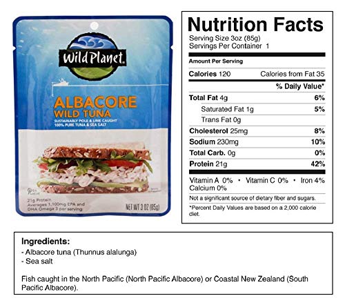 Wild Planet Wild Albacore Tuna, Sea Salt, Sustainably Wild-Caught, Kosher, Gluten Free, Keto and Paleo, 3rd Party Mercury Tested, 3 Ounce Pouch (Pack of 1)