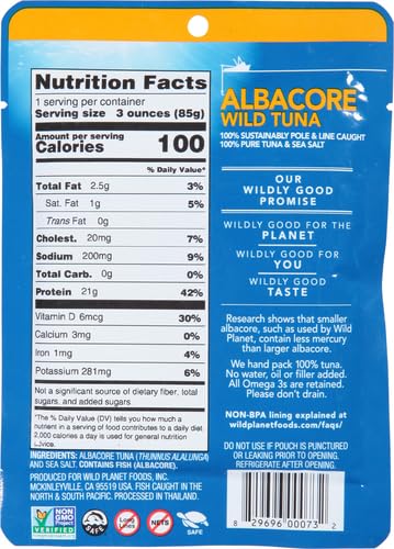 Wild Planet Wild Albacore Tuna, Sea Salt, Sustainably Wild-Caught, Kosher, Gluten Free, Keto and Paleo, 3rd Party Mercury Tested, 3 Ounce Pouch (Pack of 1)