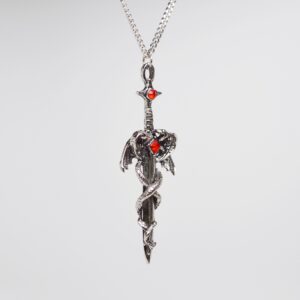 Dragons Wrapped Around Sword Medieval Renaissance Silver Finish Pendant Necklace