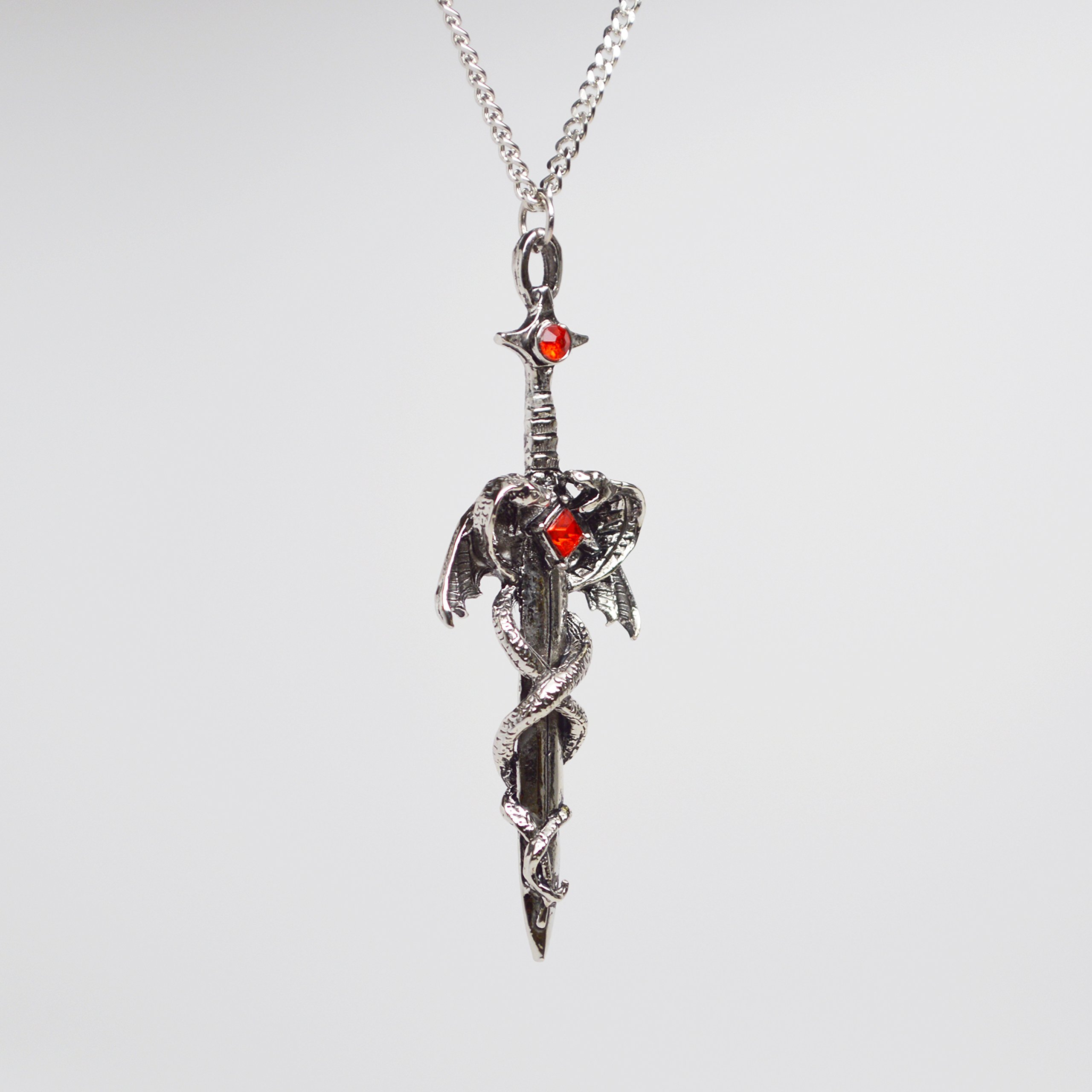 Dragons Wrapped Around Sword Medieval Renaissance Silver Finish Pendant Necklace