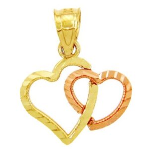 10k Two-Tone Yellow and Rose Gold Double Open Hearts Charm Pendant