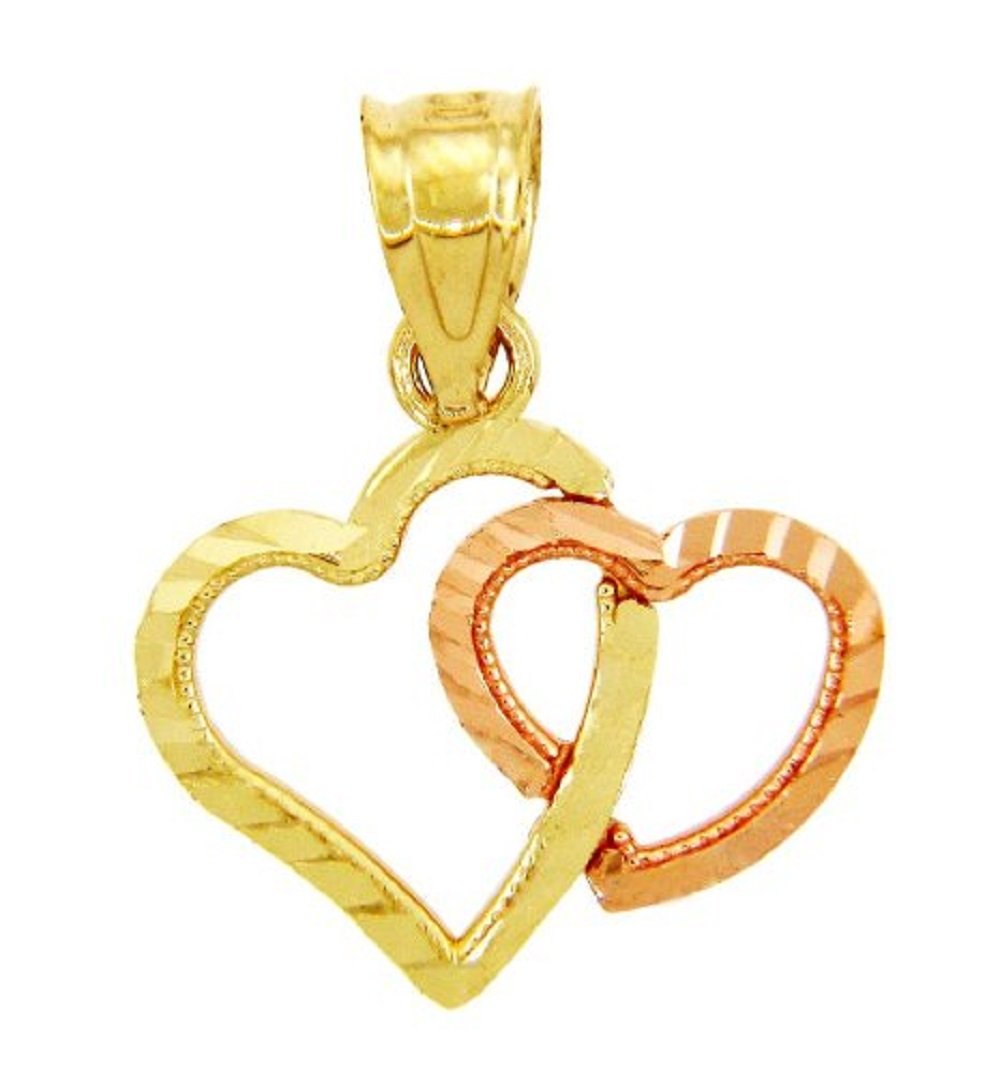 10k Two-Tone Yellow and Rose Gold Double Open Hearts Charm Pendant