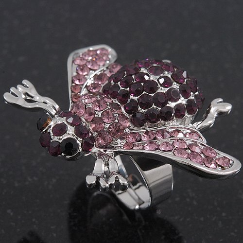 Avalaya Rhodium Plated Diamante Bumble Bee Cocktail Ring - Adjustable Size 8/9 (Violet and Purple)