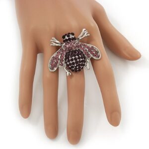 Avalaya Rhodium Plated Diamante Bumble Bee Cocktail Ring - Adjustable Size 8/9 (Violet and Purple)