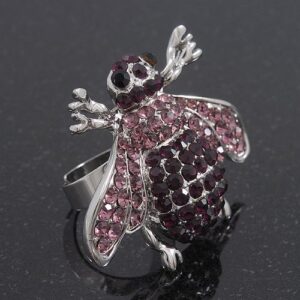 Avalaya Rhodium Plated Diamante Bumble Bee Cocktail Ring - Adjustable Size 8/9 (Violet and Purple)