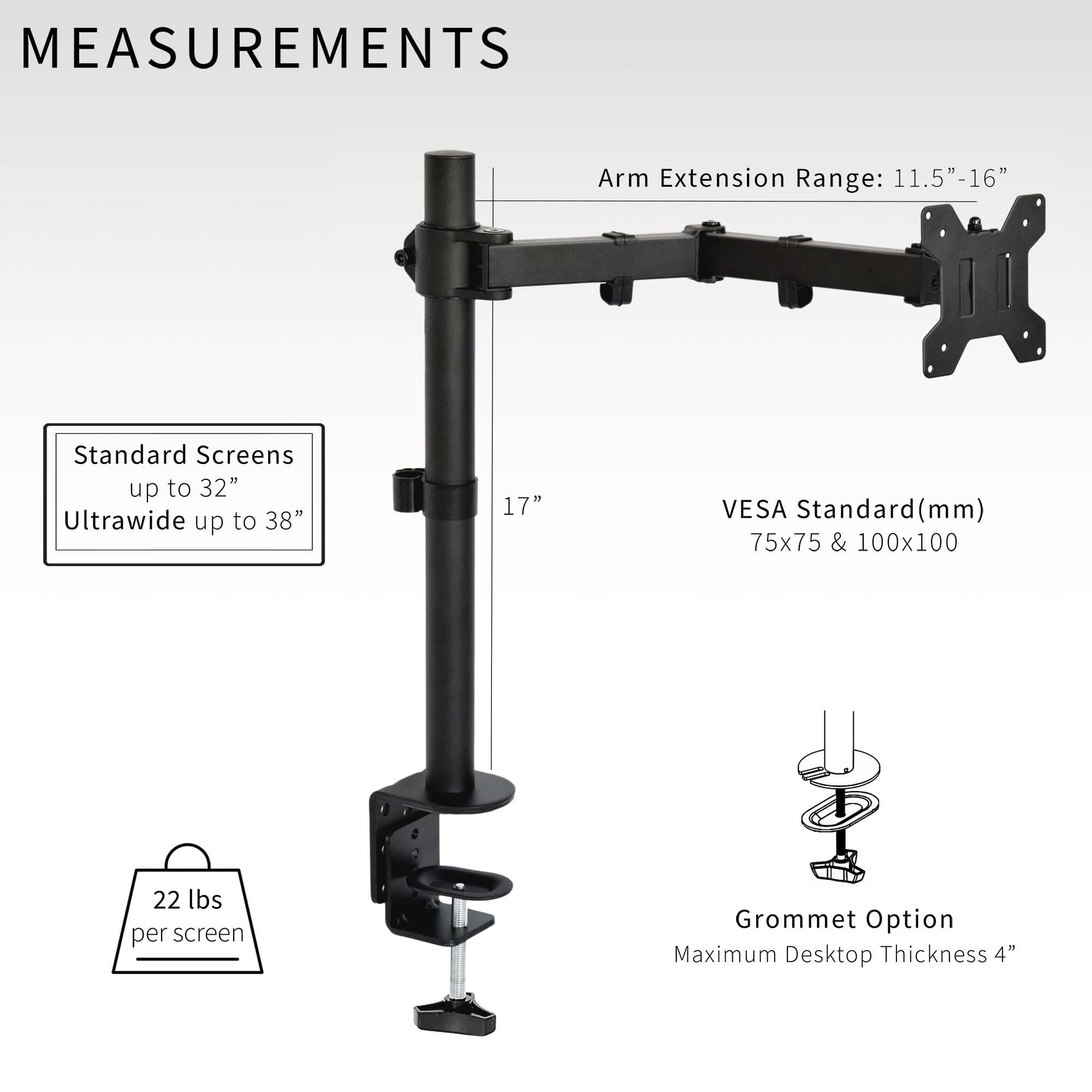 VIVO Single Monitor Arm Desk Mount, Holds Screens up to 32 inch Regular and 38 inch Ultrawide, Fully Adjustable Stand with C-Clamp and Grommet Base, VESA 75x75mm or 100x100mm, Black, STAND-V001