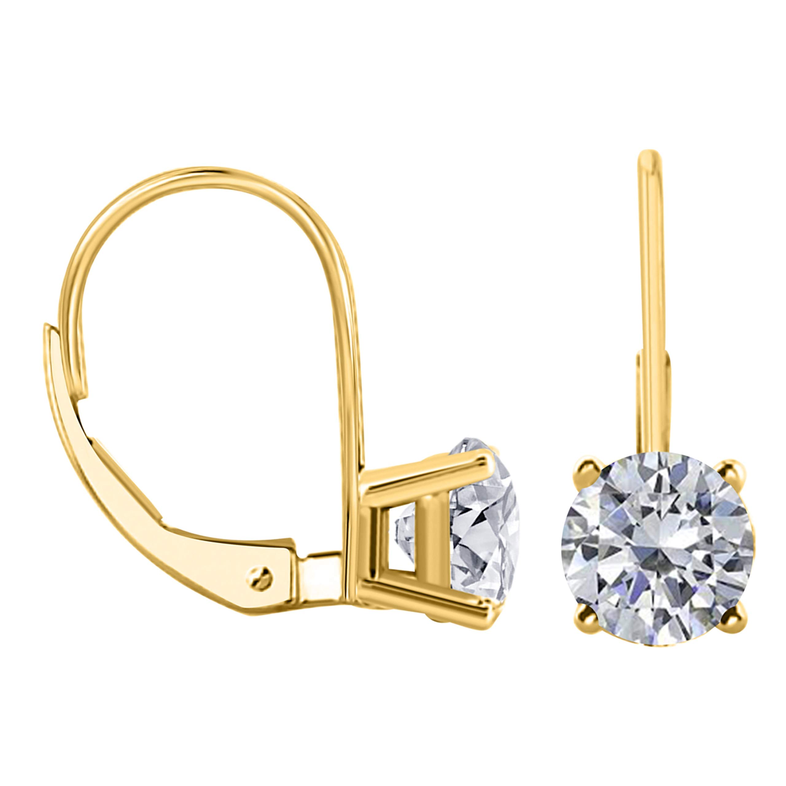 AoneJewelry 1.00 Carat Round White Lab Grown Diamond Leverback Earrings | 14K Yellow Gold | Brilliant Cut