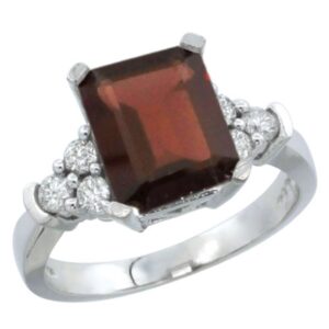 10K White Gold Natural Garnet Ring Octagon 9x7mm Diamond Accent, size 10