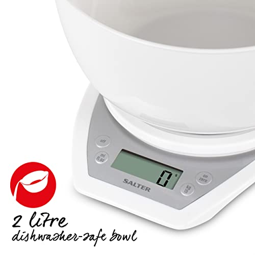 Salter Digital Electronic Kitchen Scales - 2 Litre Dual Pour Mixing Bowl, Perfect for Cooking, Baking, Food/Liquid Weighing, Easy Read Display, Metric/Imperial, 15 Year - White with White Bowl