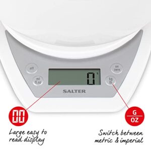 Salter Digital Electronic Kitchen Scales - 2 Litre Dual Pour Mixing Bowl, Perfect for Cooking, Baking, Food/Liquid Weighing, Easy Read Display, Metric/Imperial, 15 Year - White with White Bowl