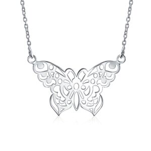 Bling Jewelry Large Butterfly Necklace Cut Out Filigree Statement Pendant For Women .925 Sterling Silver 16 Inches