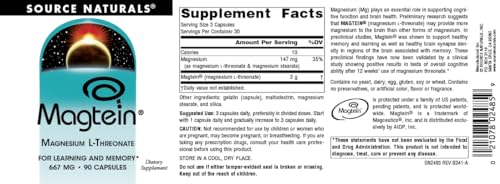 Source Naturals Magtein Magnesium L-Threonate 667mg Supports Focus, Mood, Healthy Memory, Cognitive Function, Sleep* - 90 Capsules