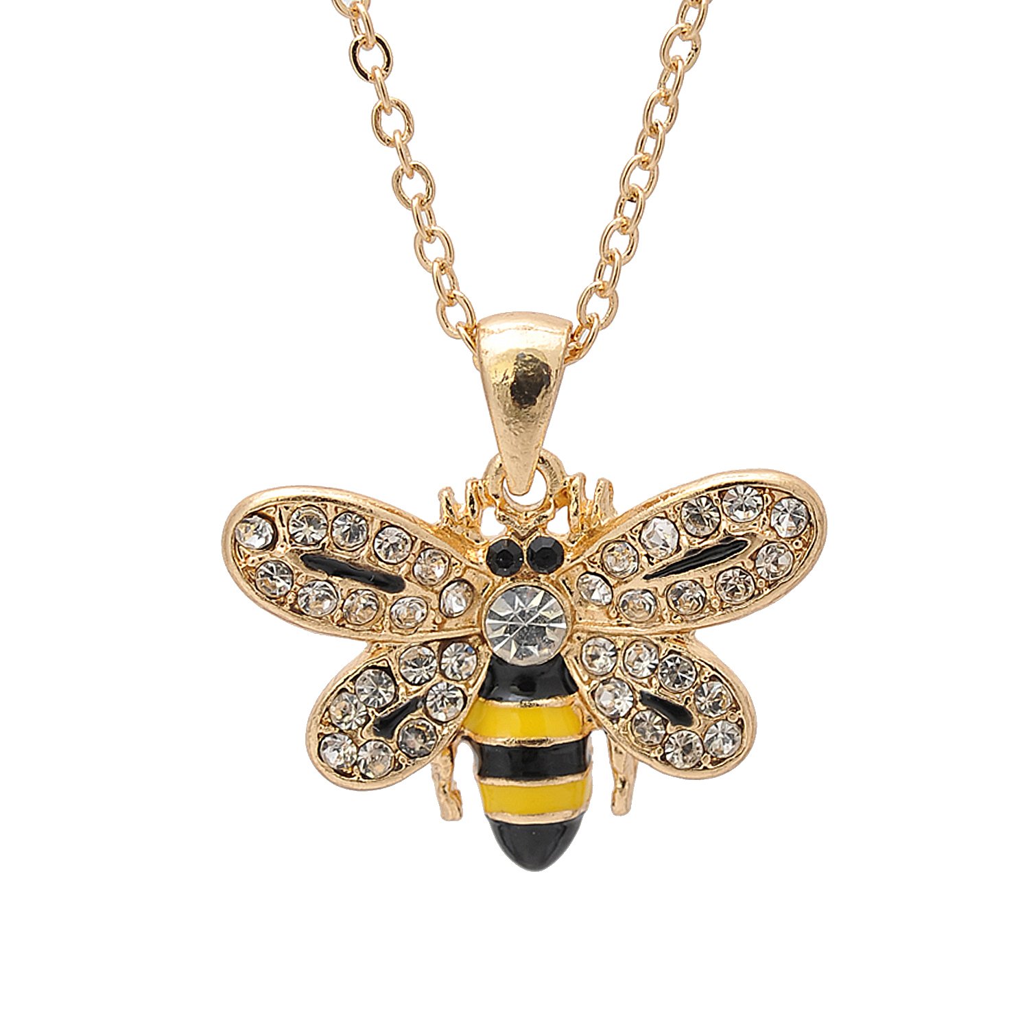 Spinningdaisy Crystal Embedded Yellow and Black Flying Bumble Bee Necklace (Gold Plated)