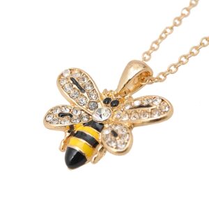 Spinningdaisy Crystal Embedded Yellow and Black Flying Bumble Bee Necklace (Gold Plated)