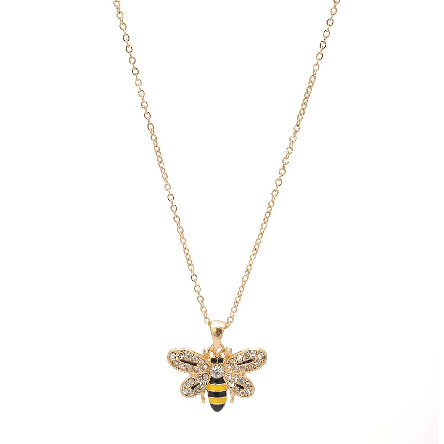 Spinningdaisy Crystal Embedded Yellow and Black Flying Bumble Bee Necklace (Gold Plated)