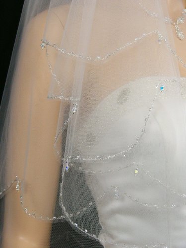 SAMKY 2T 2 Tier Scallop Edge Dangle Crystals Veil - White Fingertip Length 36" V025