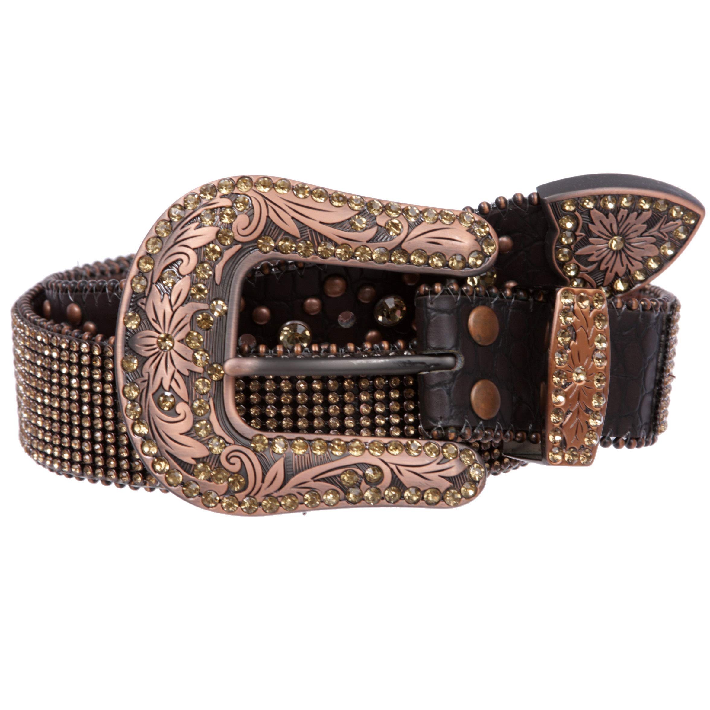 Snap On Western Cowgirl Alligator Rhinestone Strip Leather Belt, Brown | S/M - 34