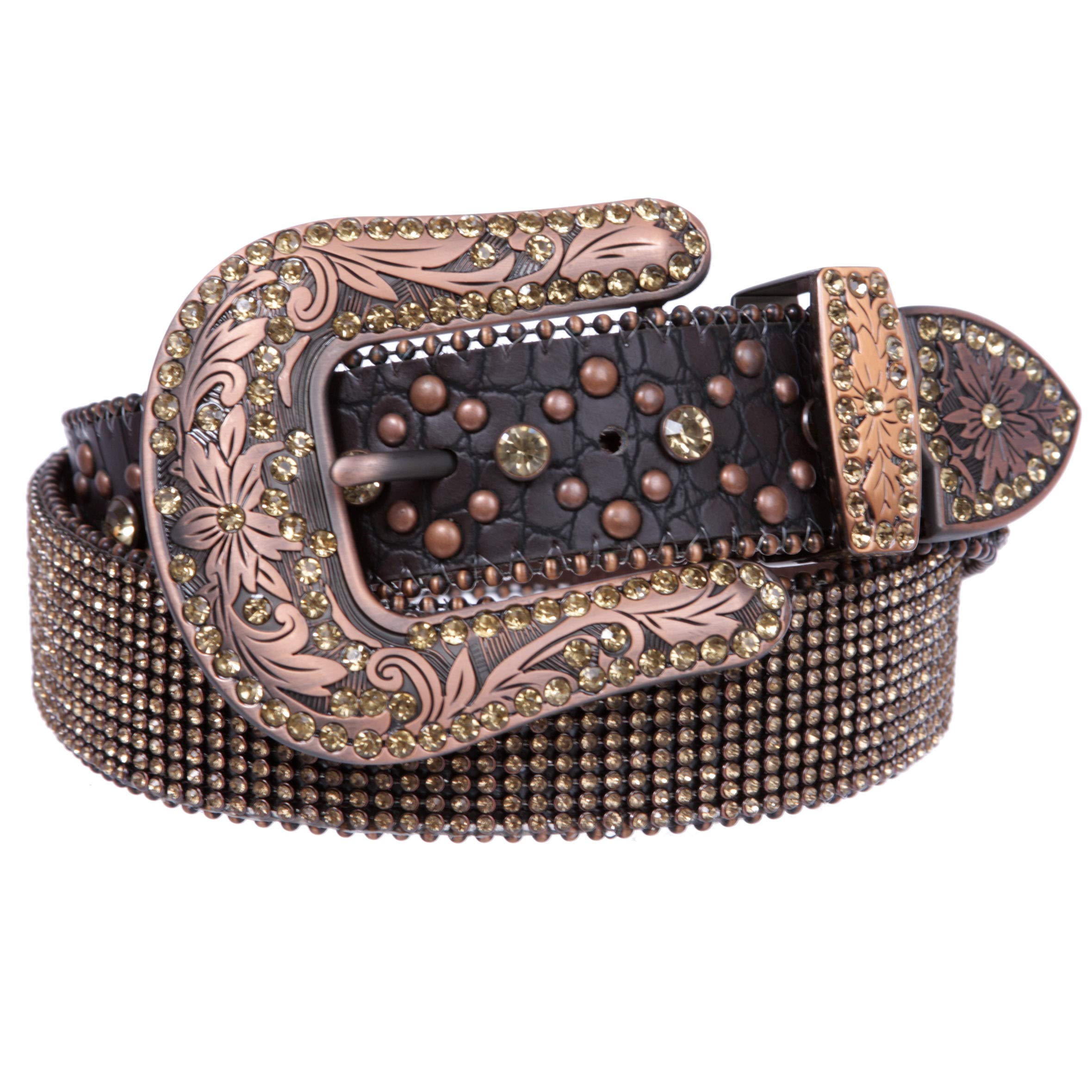 Snap On Western Cowgirl Alligator Rhinestone Strip Leather Belt, Brown | S/M - 34