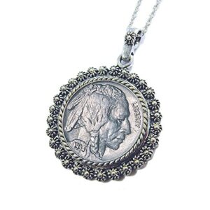 american coin treasures buffalo nickel coin pendant necklace - u.s. silvertone medallion pendant with blossom bezel - 24 inch rope chain