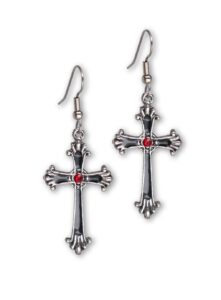 gothic victorian cross dangle earrings with red austrian crystals