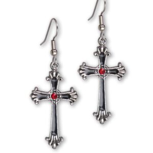 Gothic Victorian Cross Dangle Earrings with Red Austrian Crystals