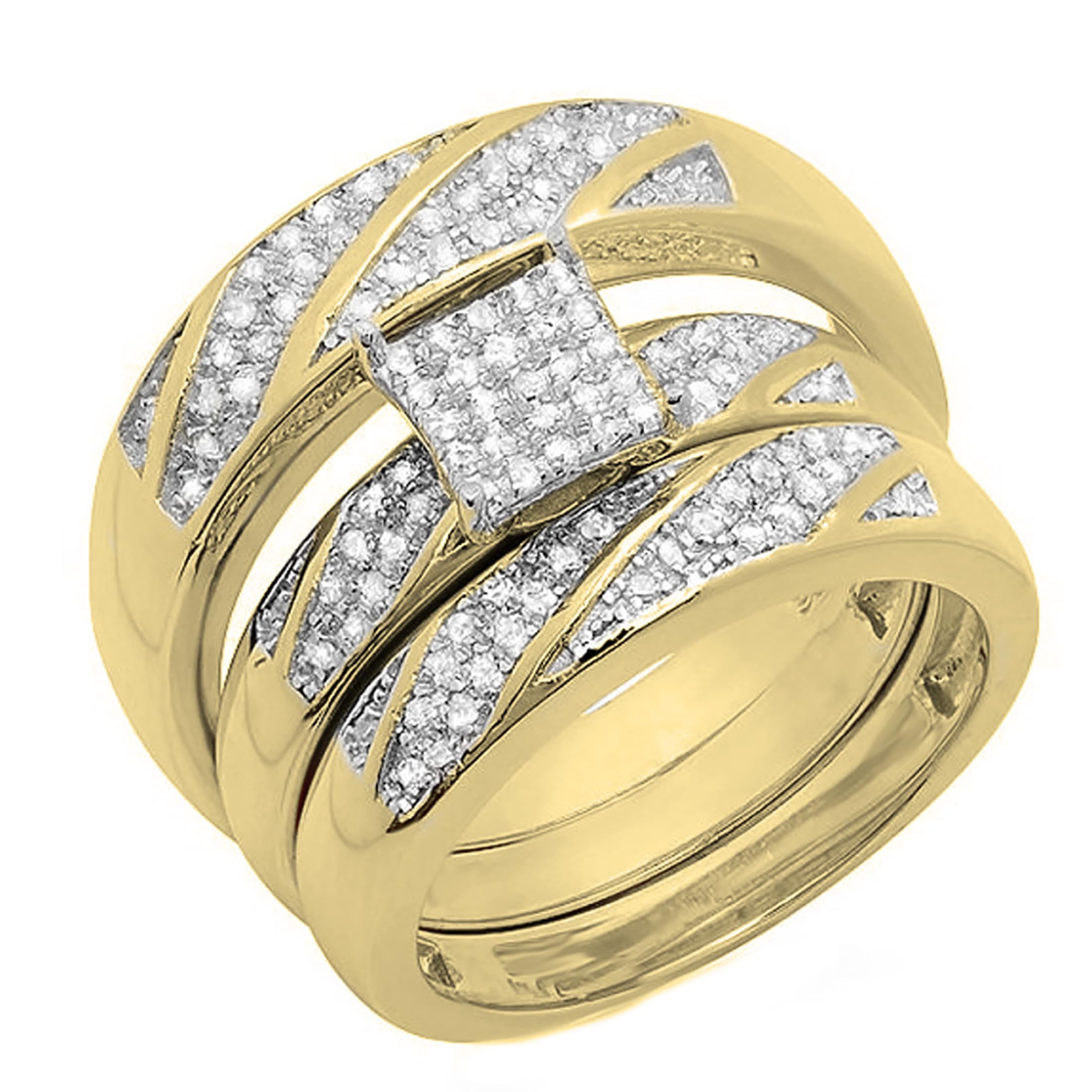 Dazzlingrock Collection 0.36 ctw Round White Diamond Square Head Trio Ring Set in 18K Yellow Gold Plated Sterling Silver, Women Size 7 & Men Size 10