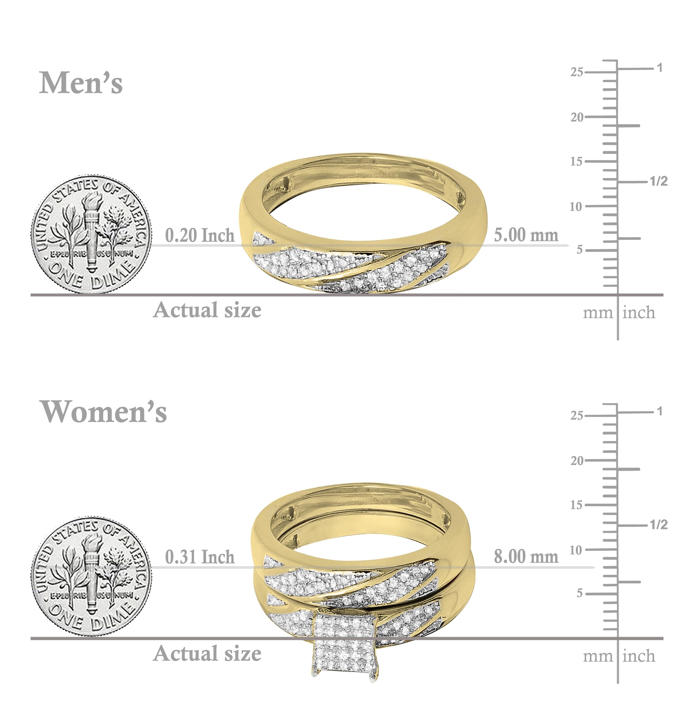 Dazzlingrock Collection 0.36 ctw Round White Diamond Square Head Trio Ring Set in 18K Yellow Gold Plated Sterling Silver, Women Size 7 & Men Size 10