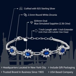 Gem Stone King 925 Sterling Silver Simulated Sapphire Tennis Bracelet For Women (2.36 Cttw, 7 Inch with 1 Inch Extender)