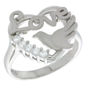 sterling silver love heart dove ring cz stones rhodium finished, size 8