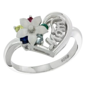 Sterling Silver Heart Mom Ring with Flower & Color CZ stones Rhodium Finished, size 8