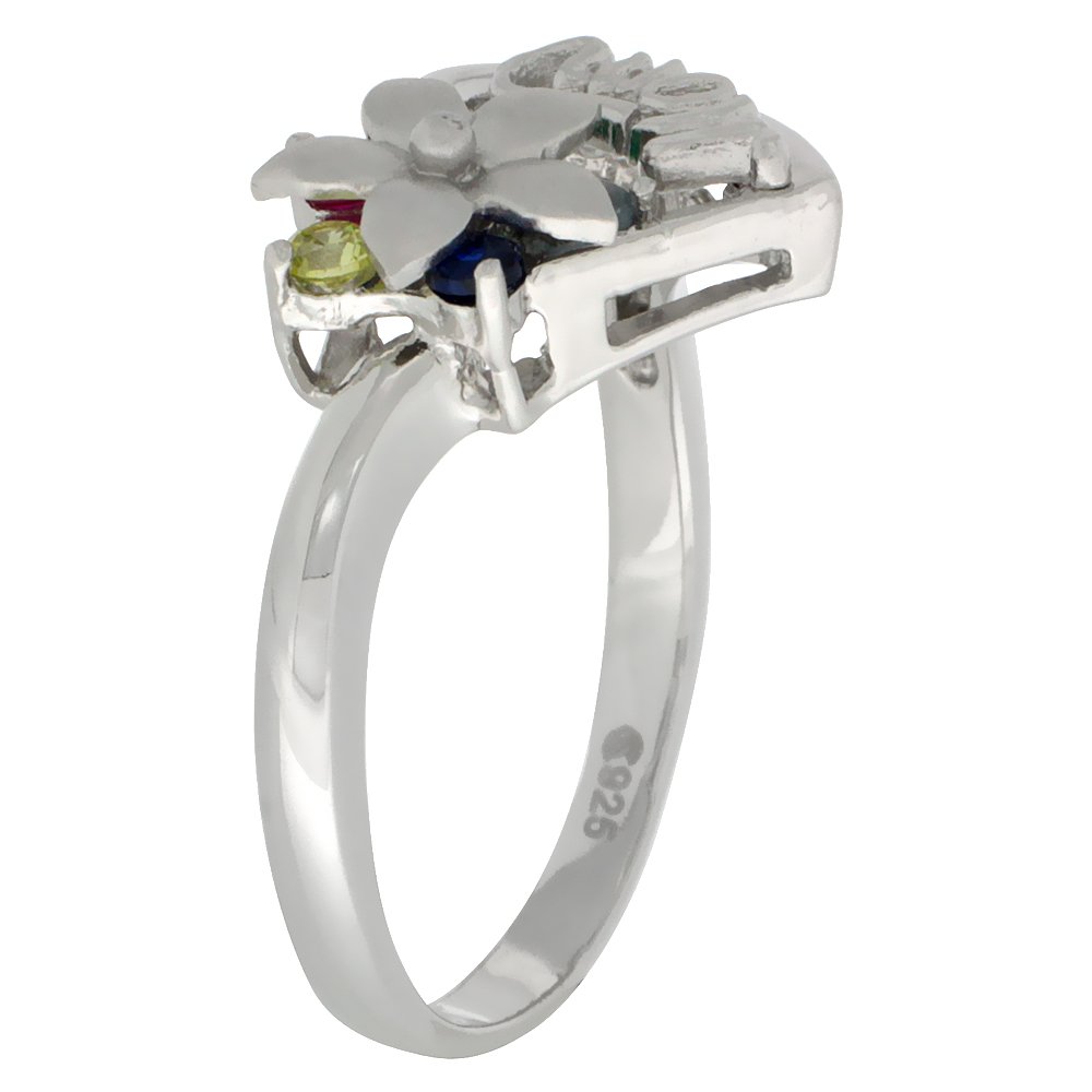 Sterling Silver Heart Mom Ring with Flower & Color CZ stones Rhodium Finished, size 8