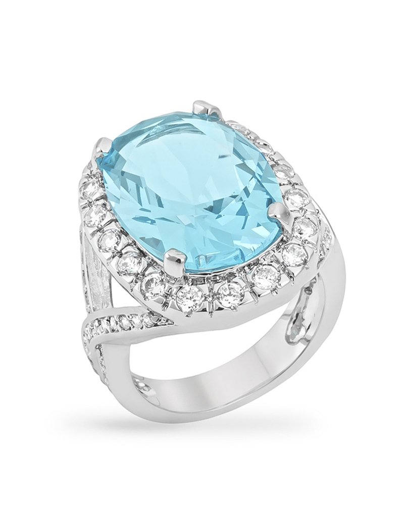 Kate Bissett Rhodium Plated Blue Topaz Oval Cocktail Ring with Faceted Blue Topaz Center CZ Size 8