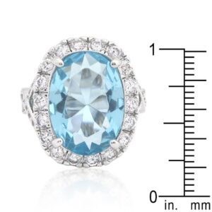 Kate Bissett Rhodium Plated Blue Topaz Oval Cocktail Ring with Faceted Blue Topaz Center CZ Size 8