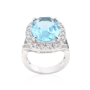 Kate Bissett Rhodium Plated Blue Topaz Oval Cocktail Ring with Faceted Blue Topaz Center CZ Size 8