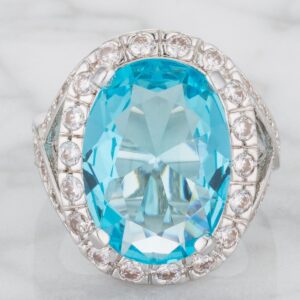 Kate Bissett Rhodium Plated Blue Topaz Oval Cocktail Ring with Faceted Blue Topaz Center CZ Size 8