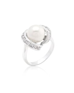 kate bissett rhodium plated pearl ring with round cut clear cz surrounding a large pearl center stone size 6