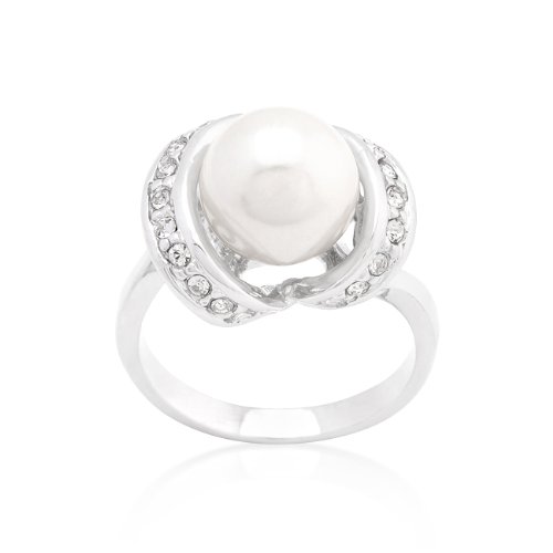 Kate Bissett Rhodium Plated Pearl Ring with Round Cut Clear CZ Surrounding a Large Pearl Center stone Size 6