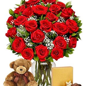 DELIVERY BY FRIDAY, 8/2 GUARANTEED IF ORDER PLACED BY 8/1 BEFORE 2PM EST From You Flowers - Two Dozen Long Stemmed Red Roses with Chocolates & Bear with Glass Vase (Fresh Flowers) Birthday,