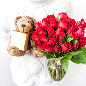 DELIVERY BY FRIDAY, 8/2 GUARANTEED IF ORDER PLACED BY 8/1 BEFORE 2PM EST From You Flowers - Two Dozen Long Stemmed Red Roses with Chocolates & Bear with Glass Vase (Fresh Flowers) Birthday,