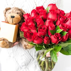 DELIVERY BY FRIDAY, 8/2 GUARANTEED IF ORDER PLACED BY 8/1 BEFORE 2PM EST From You Flowers - Two Dozen Long Stemmed Red Roses with Chocolates & Bear with Glass Vase (Fresh Flowers) Birthday,