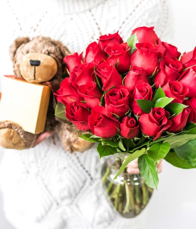 DELIVERY BY FRIDAY, 8/2 GUARANTEED IF ORDER PLACED BY 8/1 BEFORE 2PM EST From You Flowers - Two Dozen Long Stemmed Red Roses with Chocolates & Bear with Glass Vase (Fresh Flowers) Birthday,